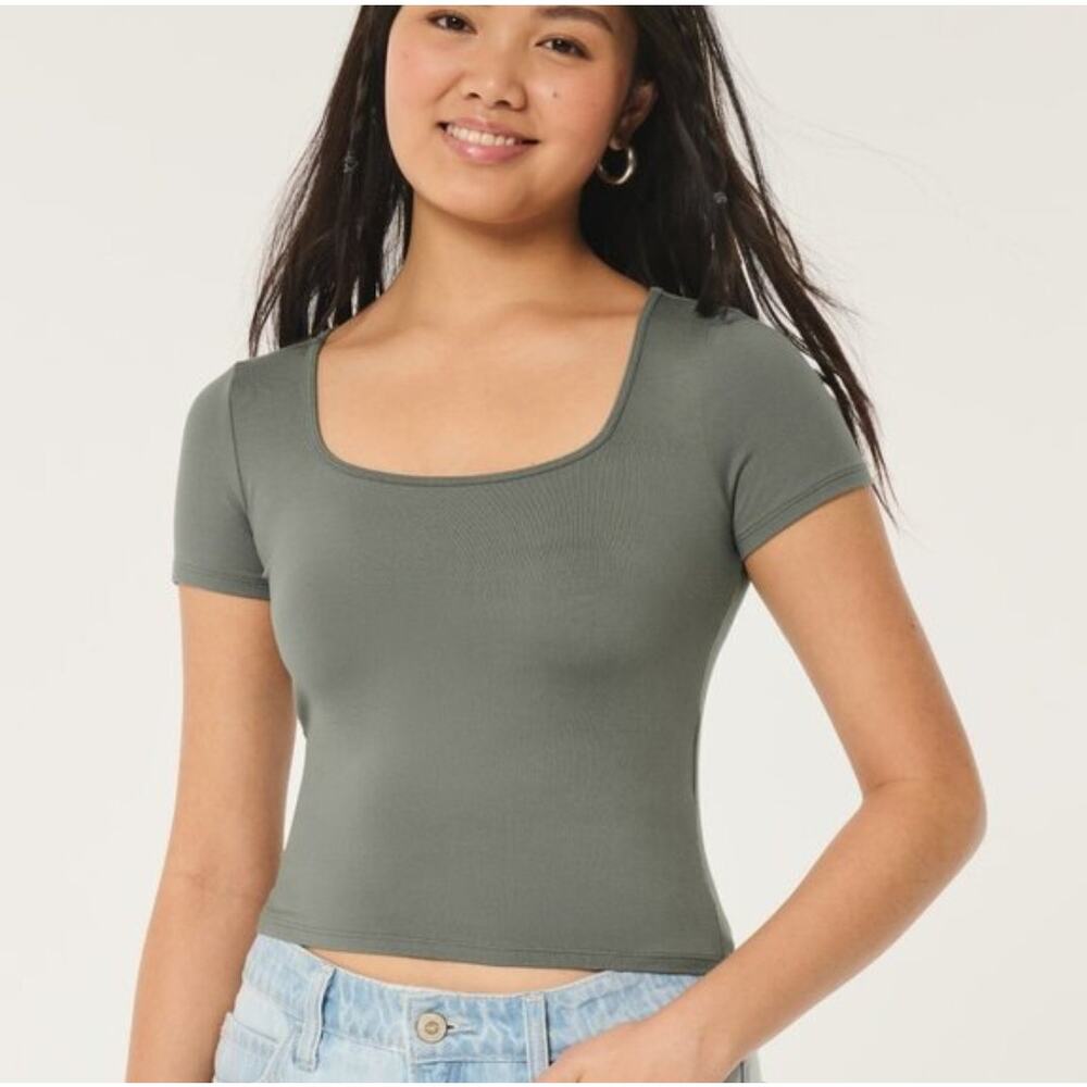 Hollister Square Neck Crop Top Size Small Green Soft Stretch Fall Tee - Picture 5 of 7